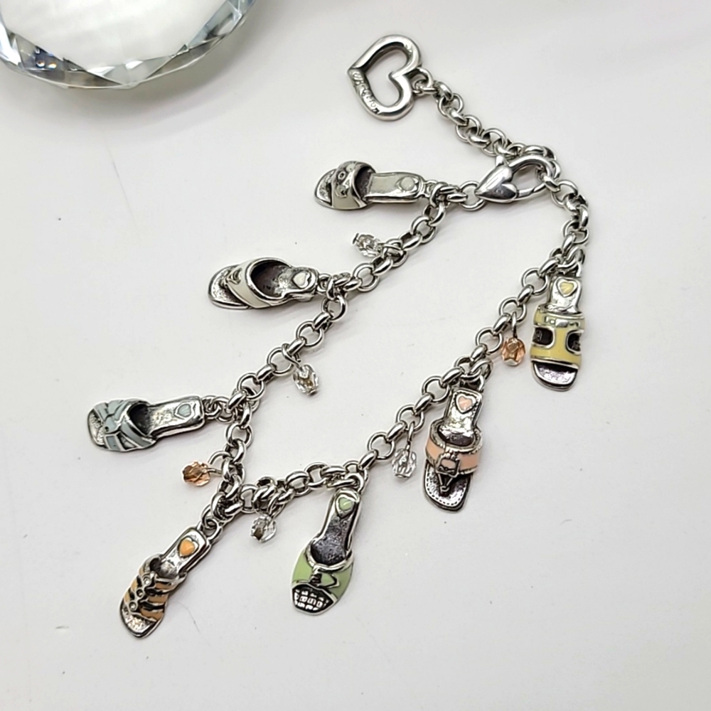 Brighton "TWINKLE TOES" Silver & Pastel Enamel 7 Sandal Charm Bracelet w Beads!